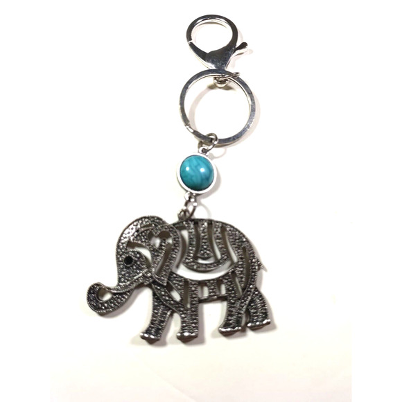Elephant Keychain Cut Outs Blue Green Stone Silver Tone Purse Luggage Clip - Picture 3 of 8